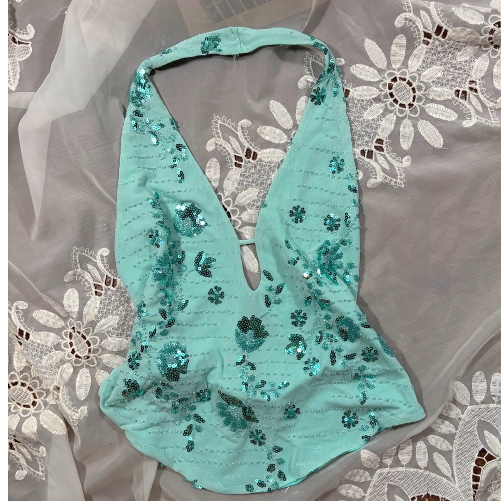 Fairy Y2K Style Teal Aqua Turquoise Sequin Floral Halter Neck Backless Top Large